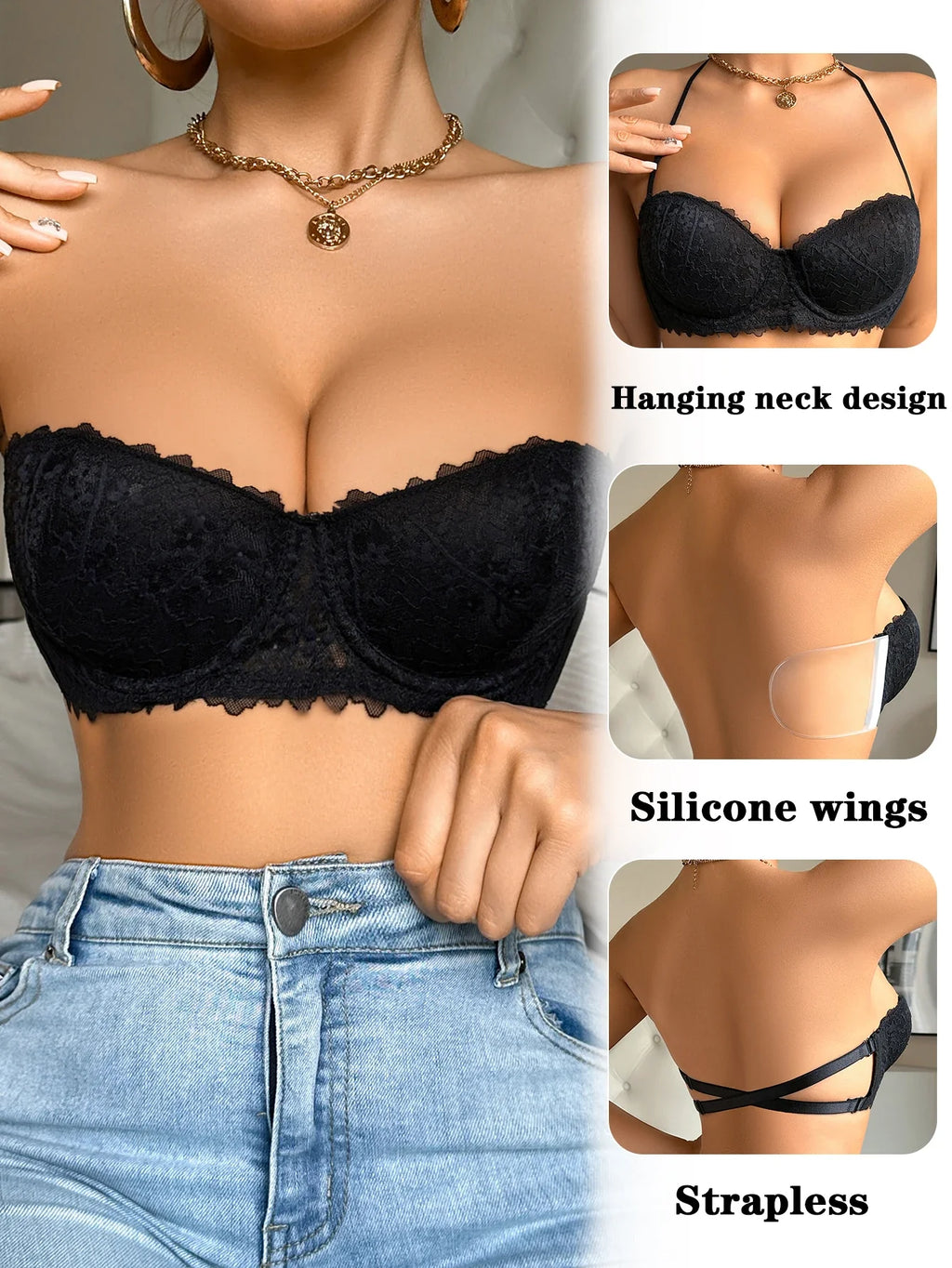 Strapless Lace Push-Up Bra with Detachable Straps