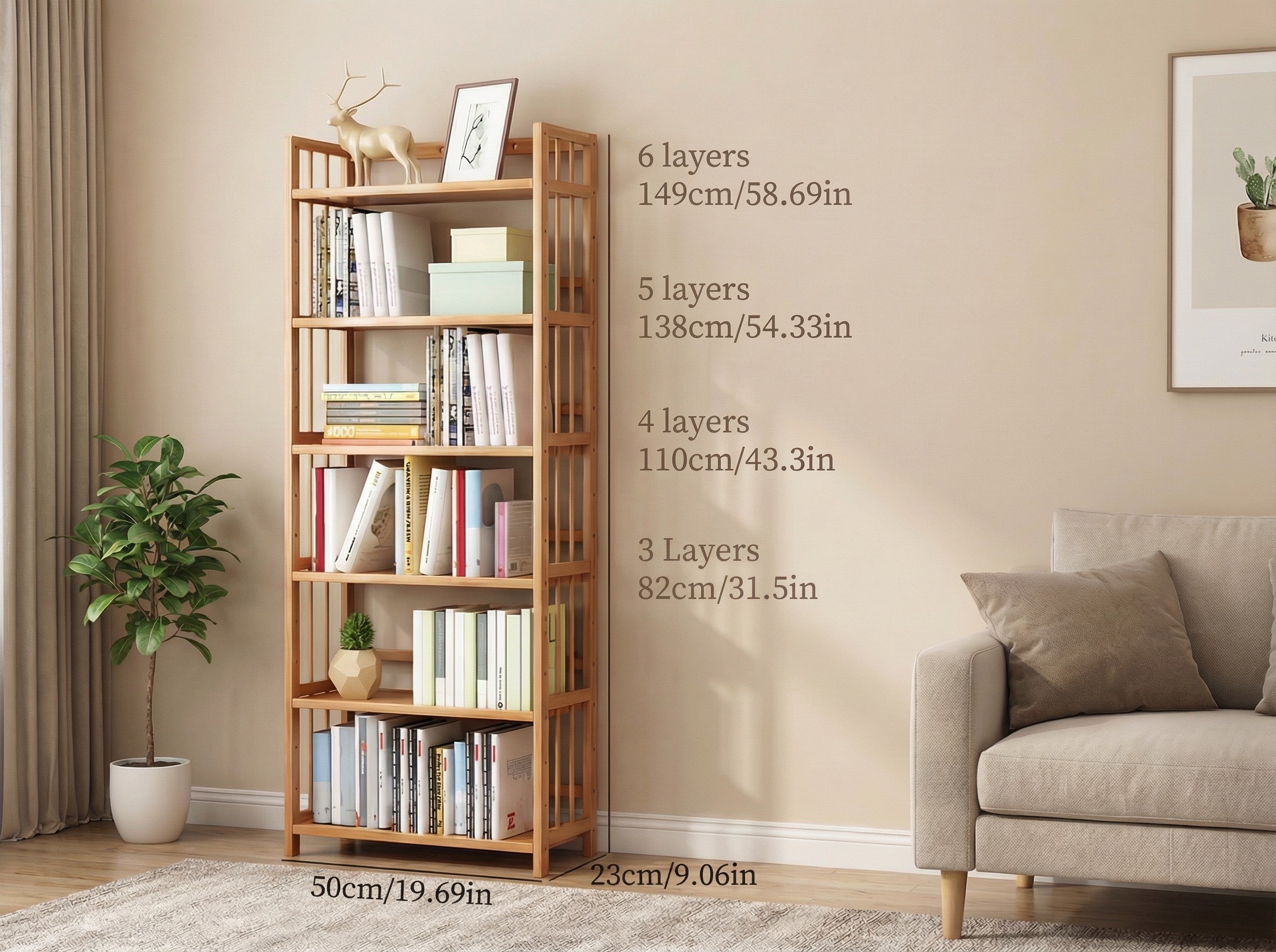 Tall Bamboo Bookshelf with Adjustable Shelves