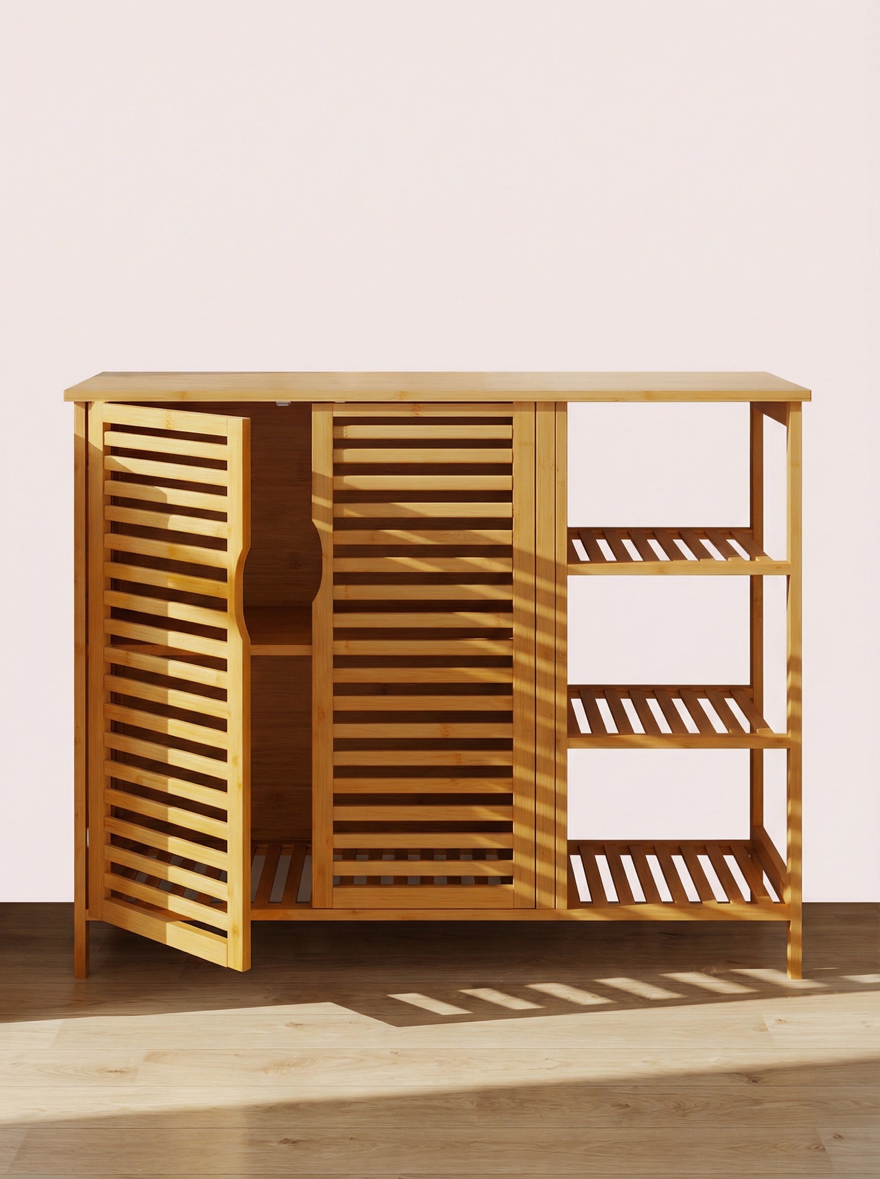 4-Tier Bamboo-Style Floor Storage Cabinet