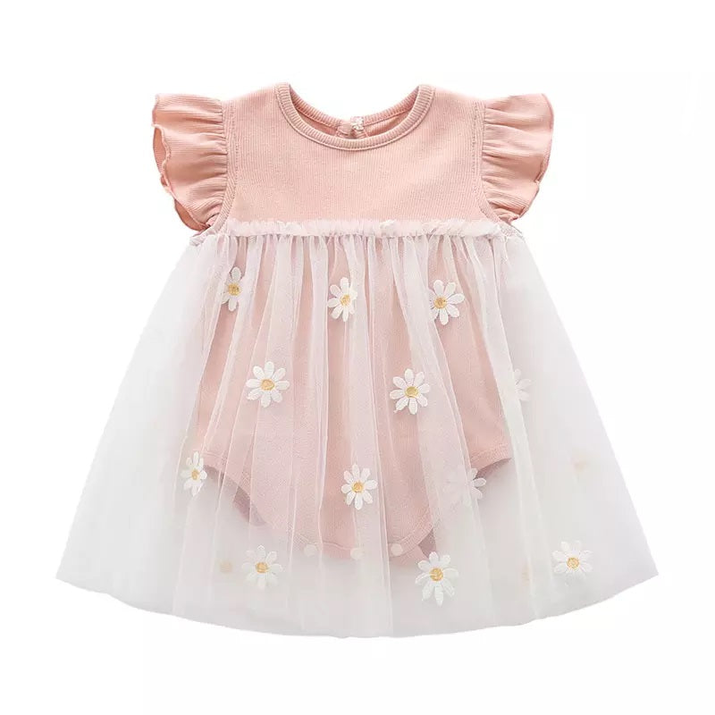 Baby Girl Daisy Romper Dress – Breathable Cotton & Ruffle Sleeves