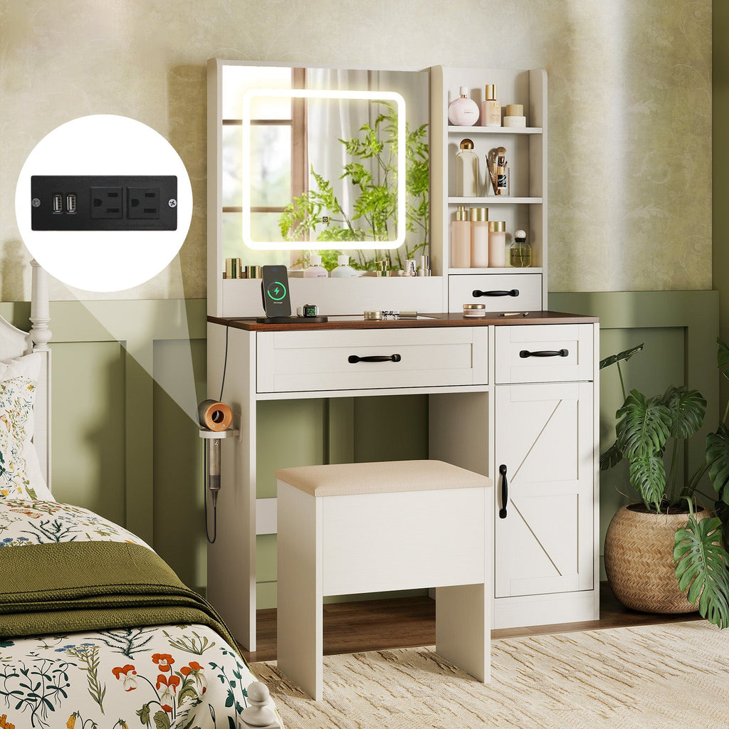 Farmhouse Vanity Desk with Mirror & Lights
