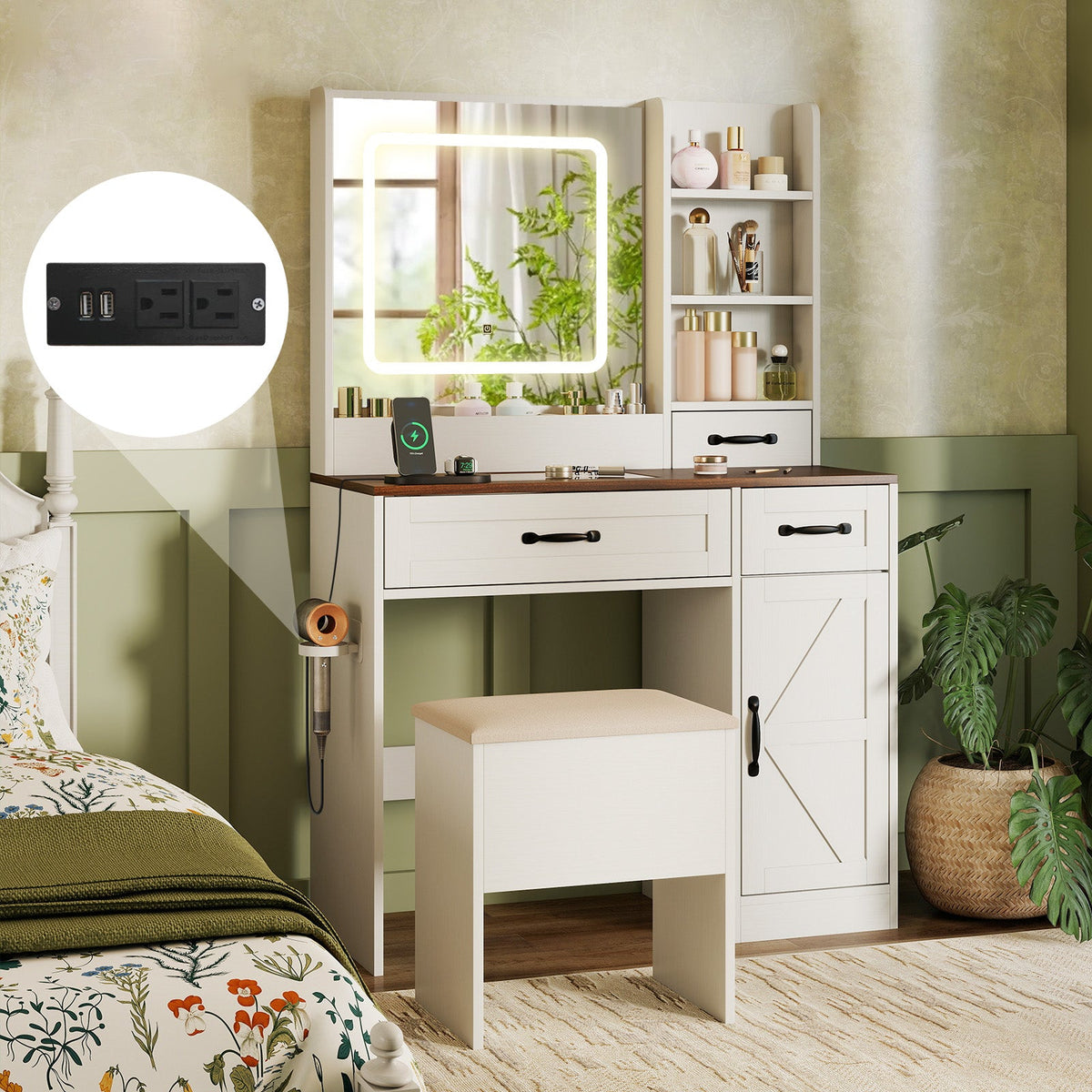 Farmhouse Vanity Desk with Mirror & Lights