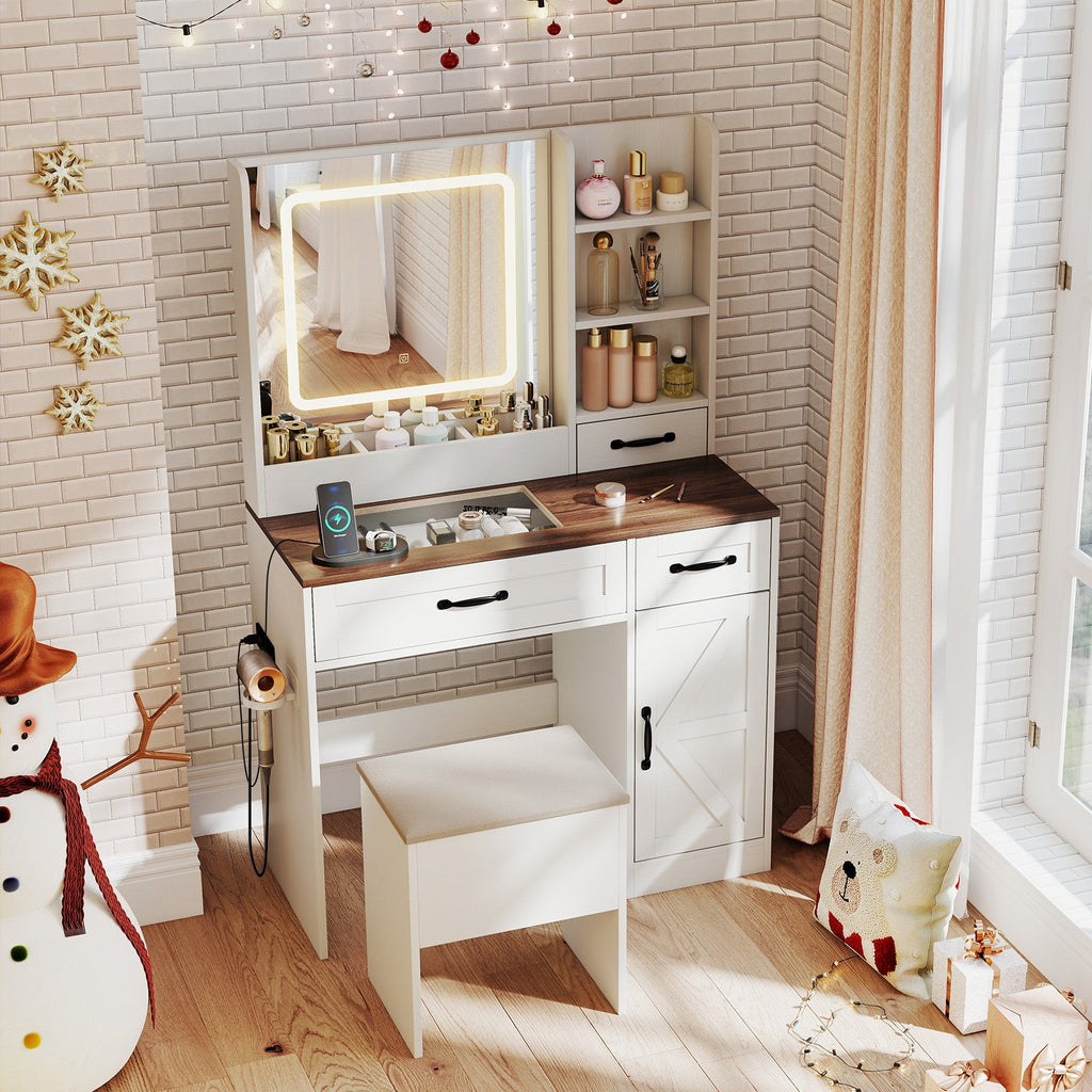 Farmhouse Vanity Desk with Mirror & Lights