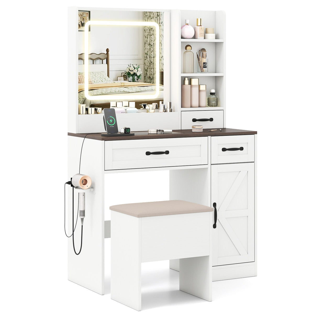 Farmhouse Vanity Desk with Mirror & Lights
