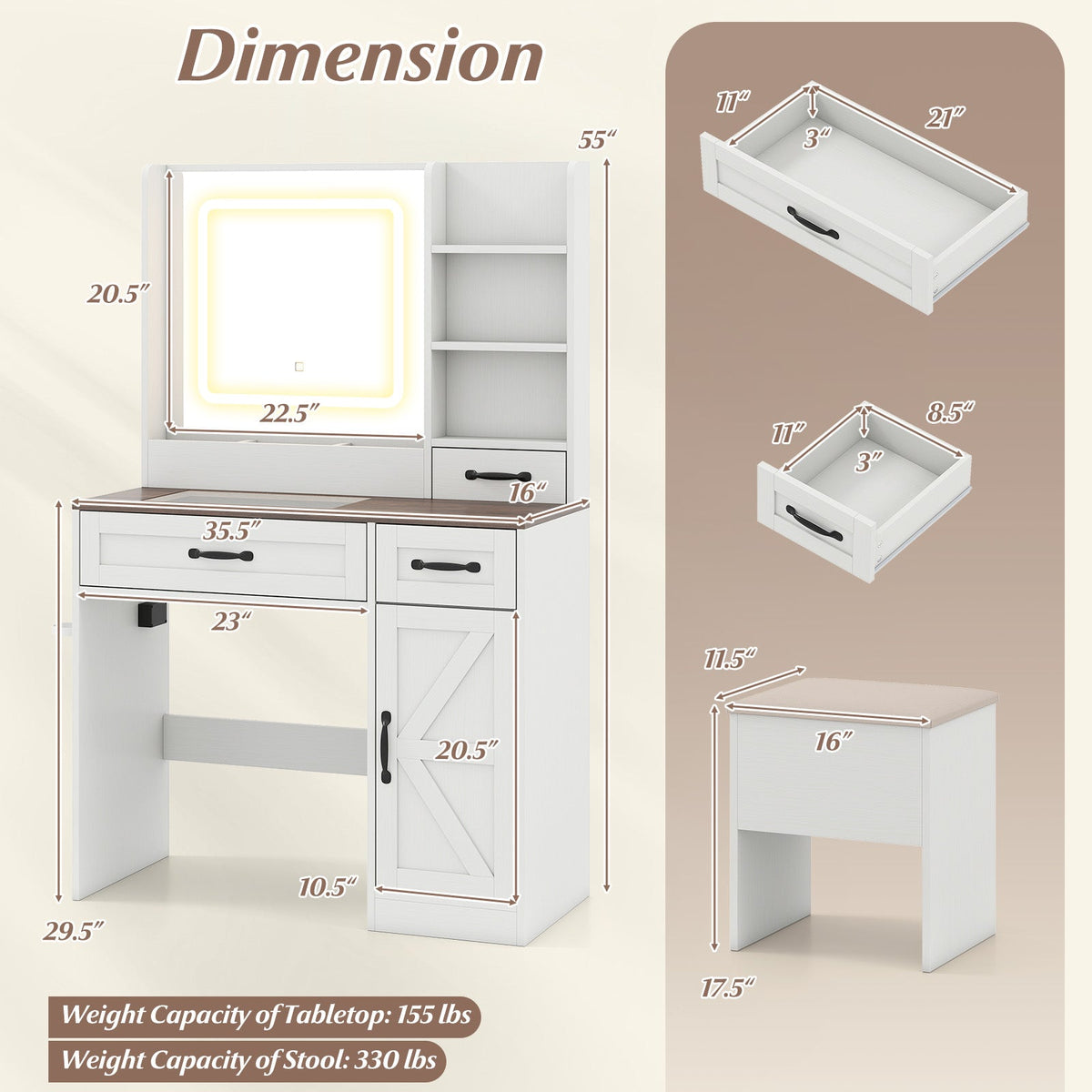 Farmhouse Vanity Desk with Mirror & Lights