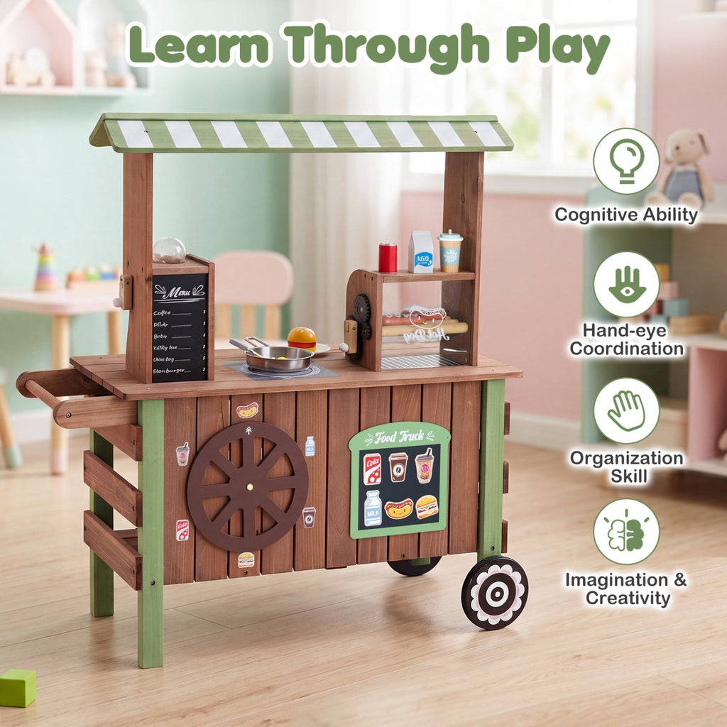 Wooden Grocery Store Playset with Wheels for Kids
