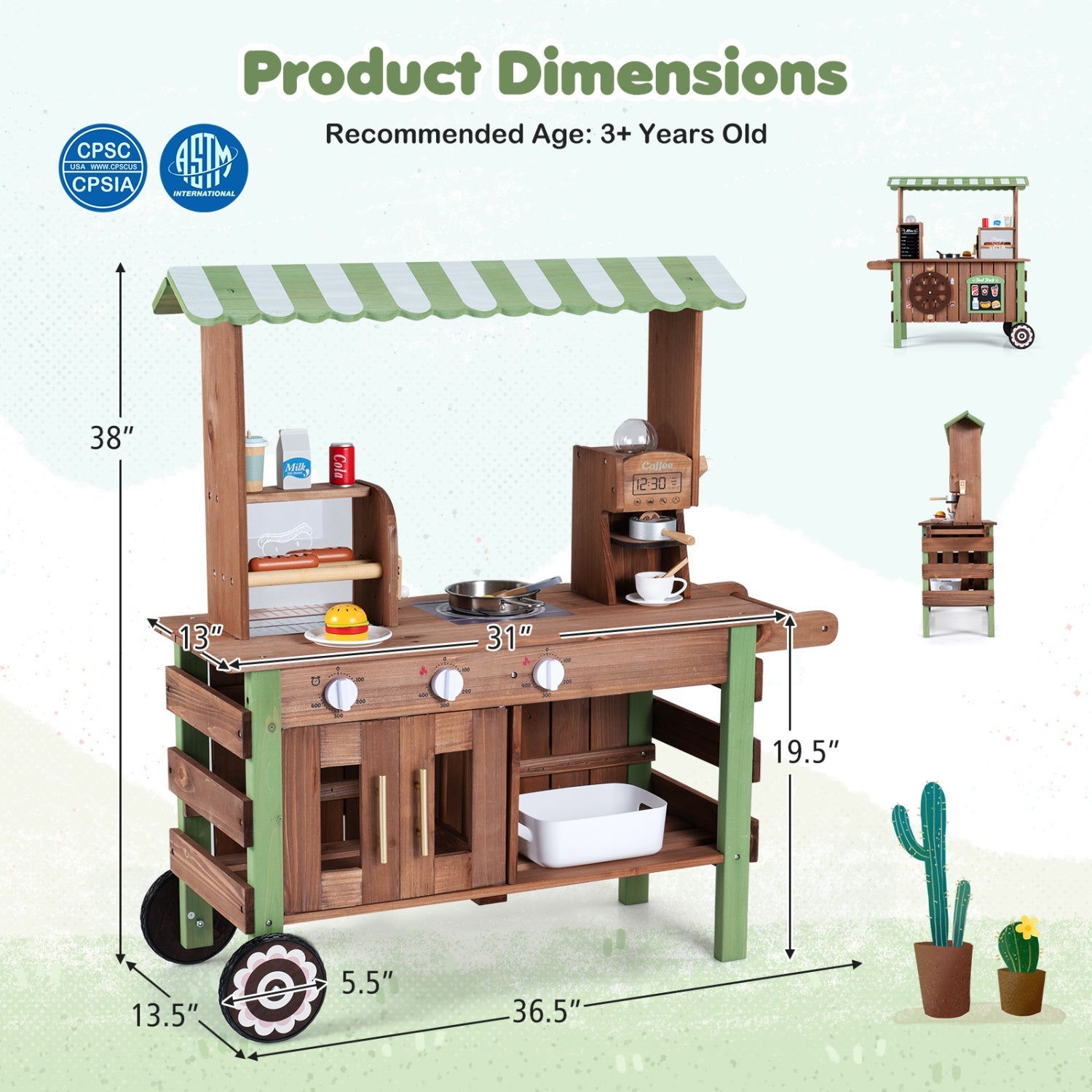 Wooden Grocery Store Playset with Wheels for Kids