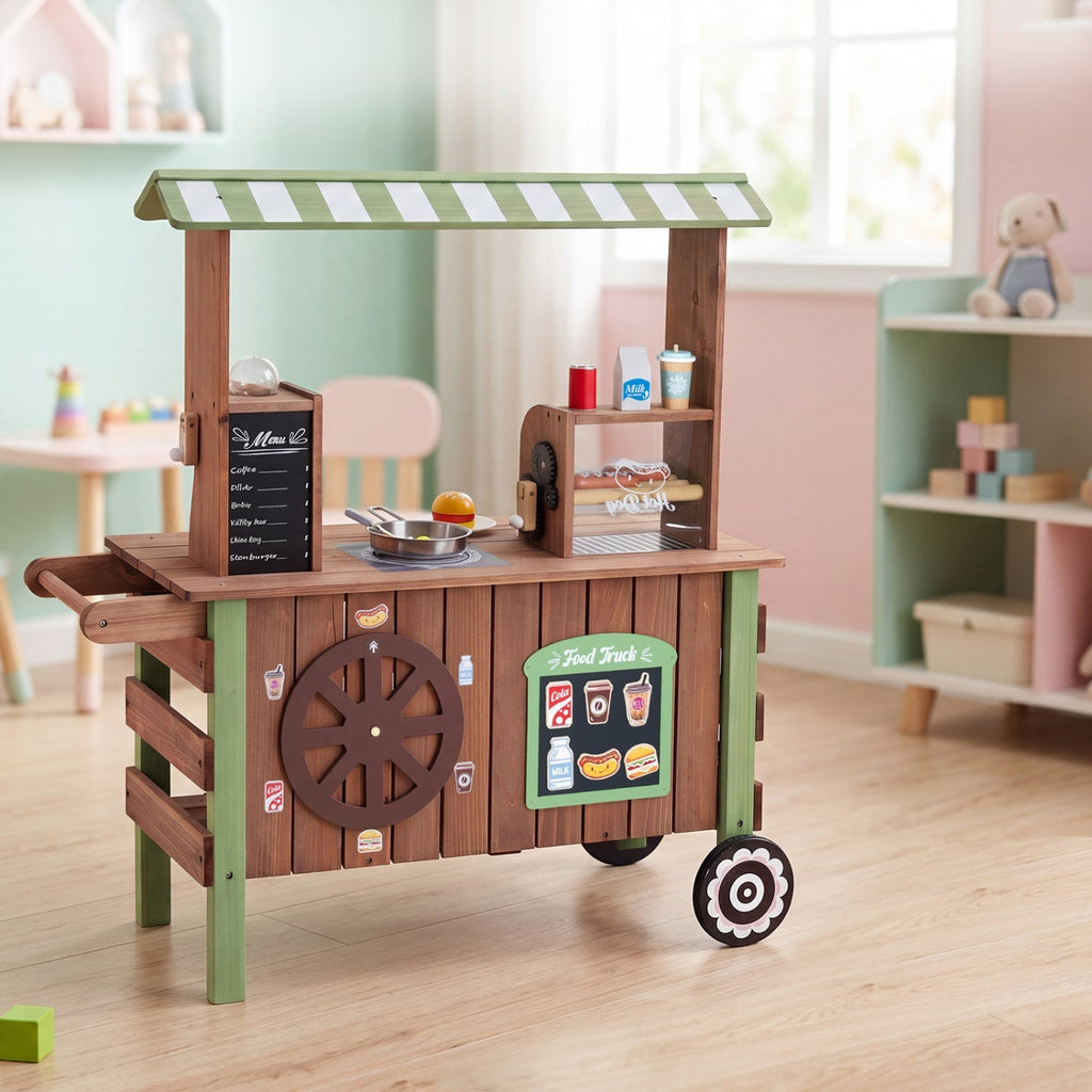 Wooden Grocery Store Playset with Wheels for Kids