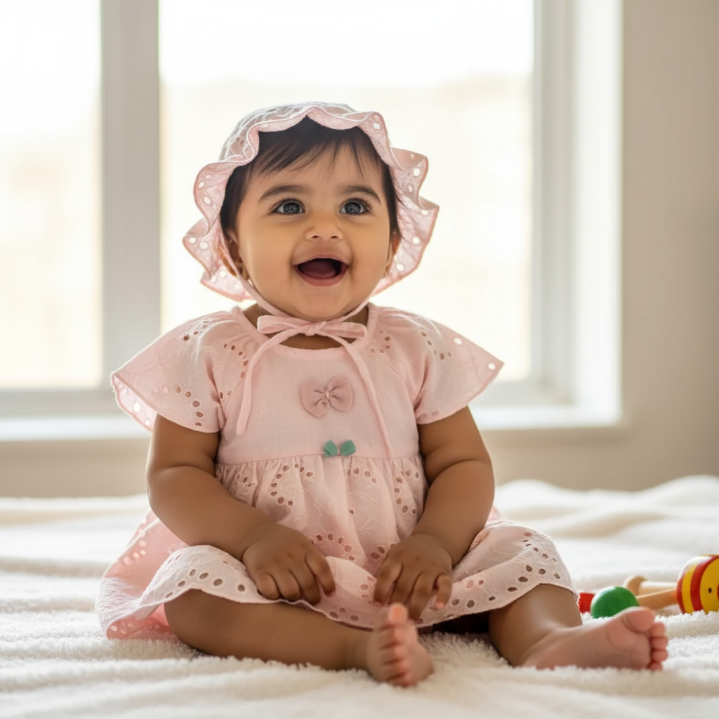 Baby Girl Cotton Romper Dress with Matching Sun Hat