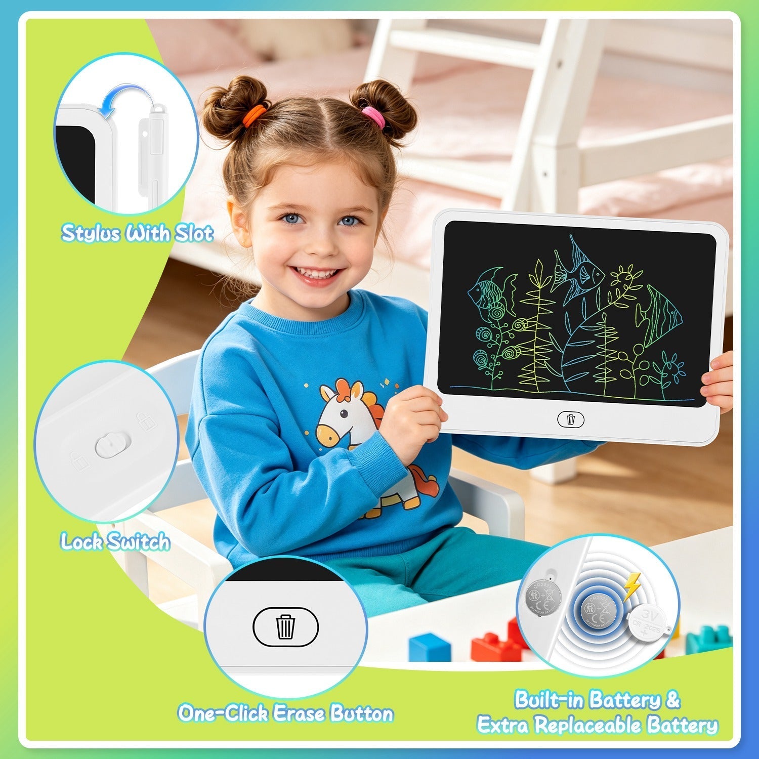 LCD Writing Tablet for Kids with Stylus & Lock Function