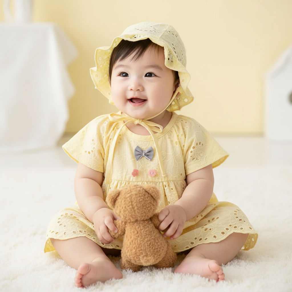 Baby Girl Cotton Romper Dress with Matching Sun Hat