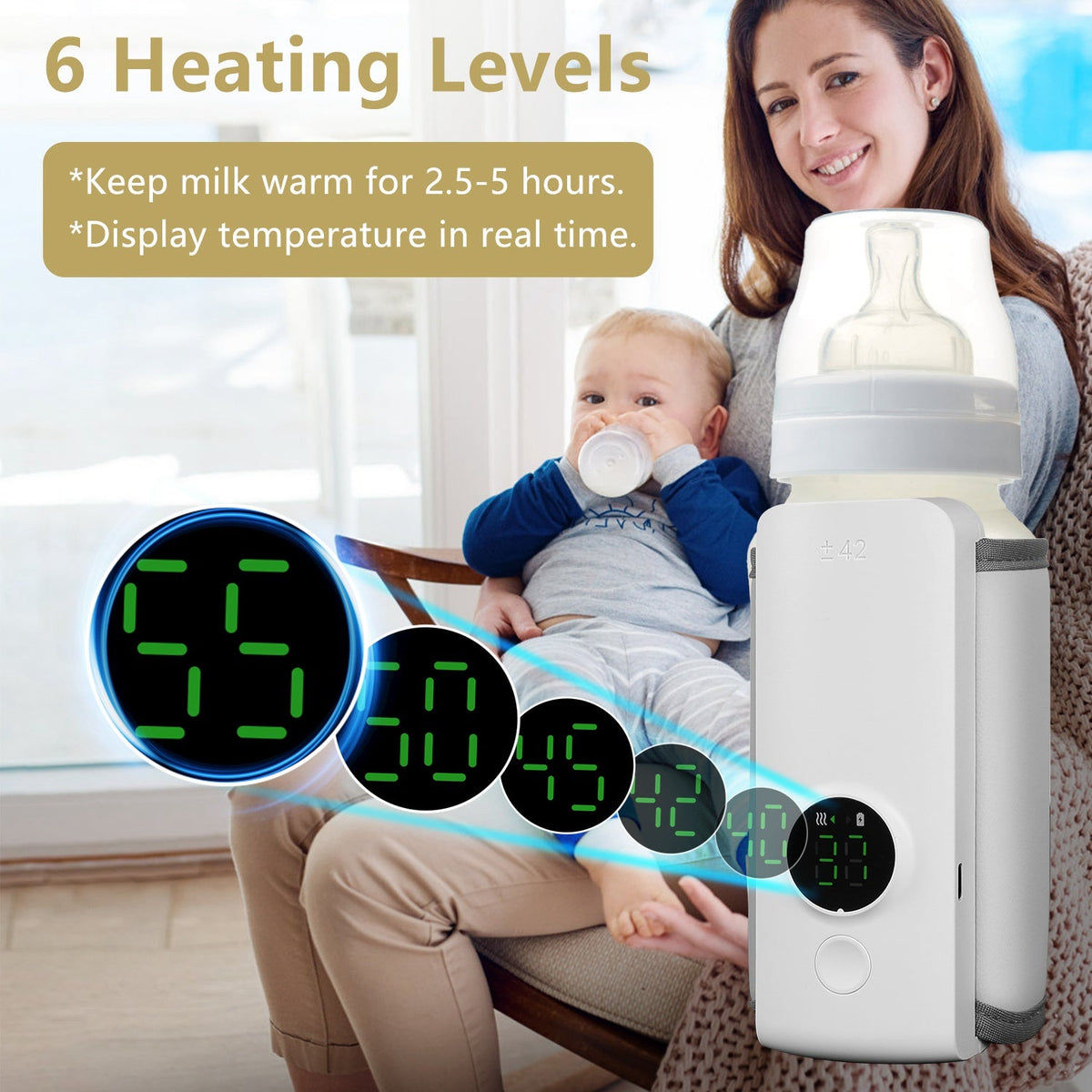 Portable Baby Bottle Warmer – USB Rechargeable, 6 Heat Settings