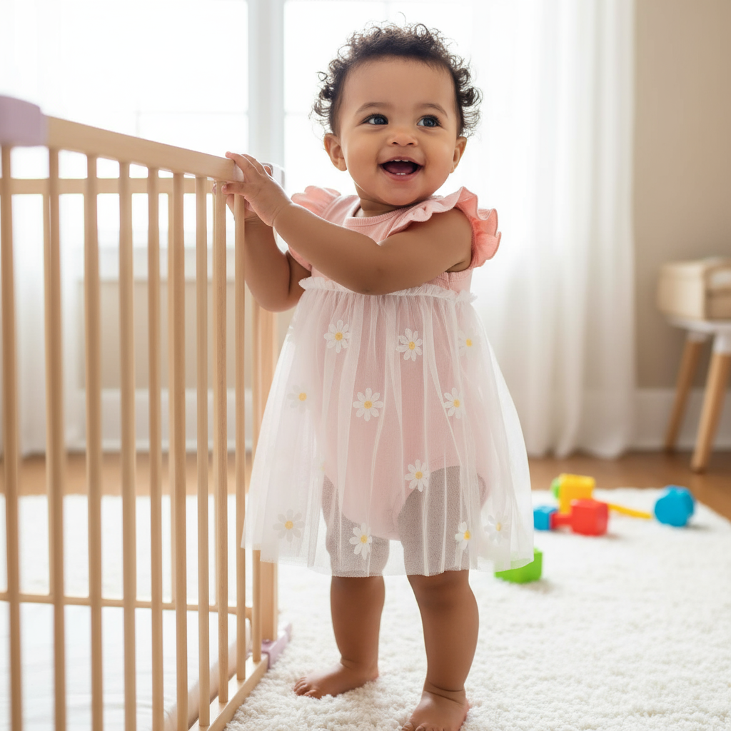 Baby Girl Daisy Romper Dress – Breathable Cotton & Ruffle Sleeves