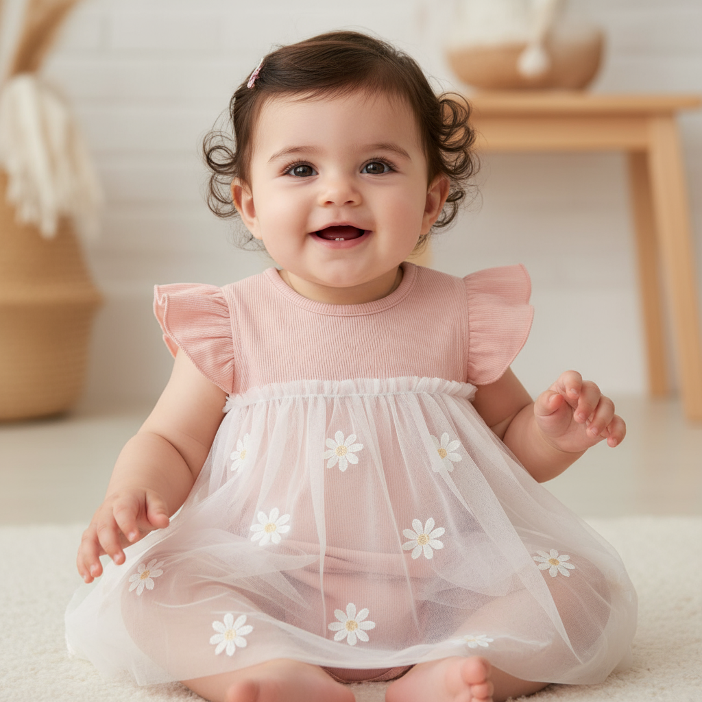 Baby Girl Daisy Romper Dress – Breathable Cotton & Ruffle Sleeves