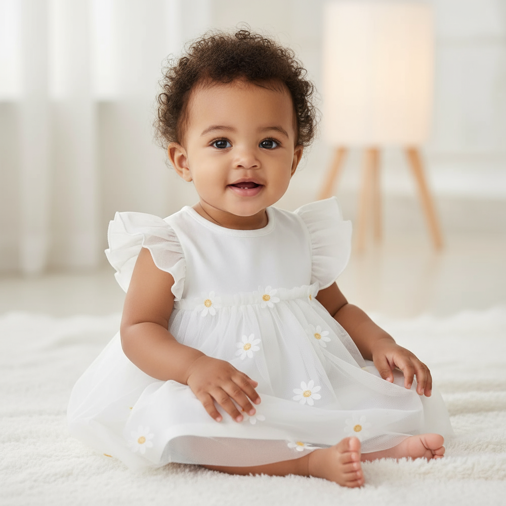 Baby Girl Daisy Romper Dress – Breathable Cotton & Ruffle Sleeves