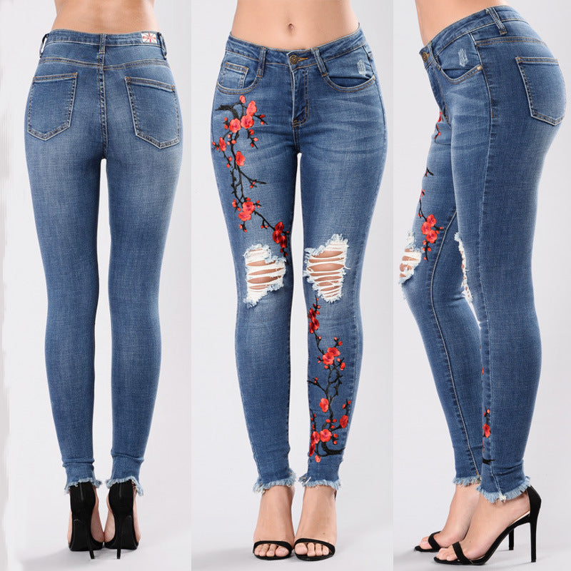Women’s embroidered distressed denim jeans
