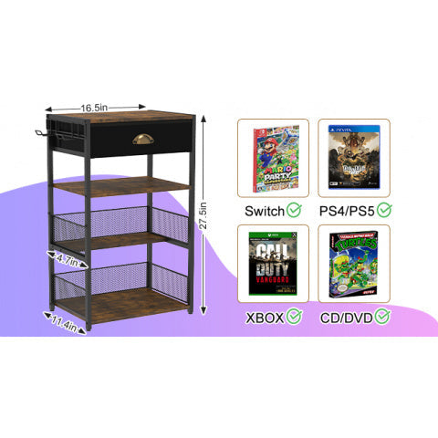 Media Storage Tower with Drawer & Side Hooks