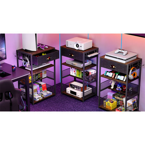 Media Storage Tower with Drawer & Side Hooks