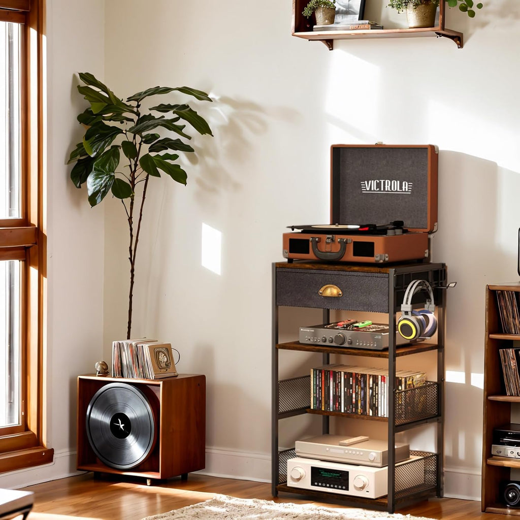Media Storage Tower with Drawer & Side Hooks