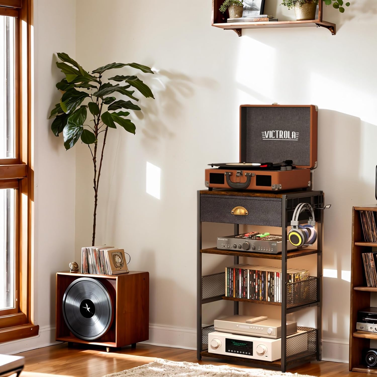 Media Storage Tower with Drawer & Side Hooks