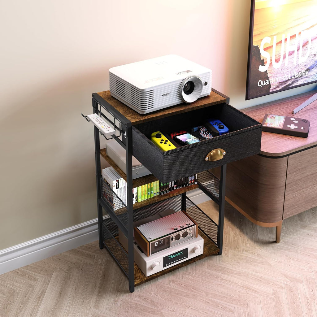 Media Storage Tower with Drawer & Side Hooks
