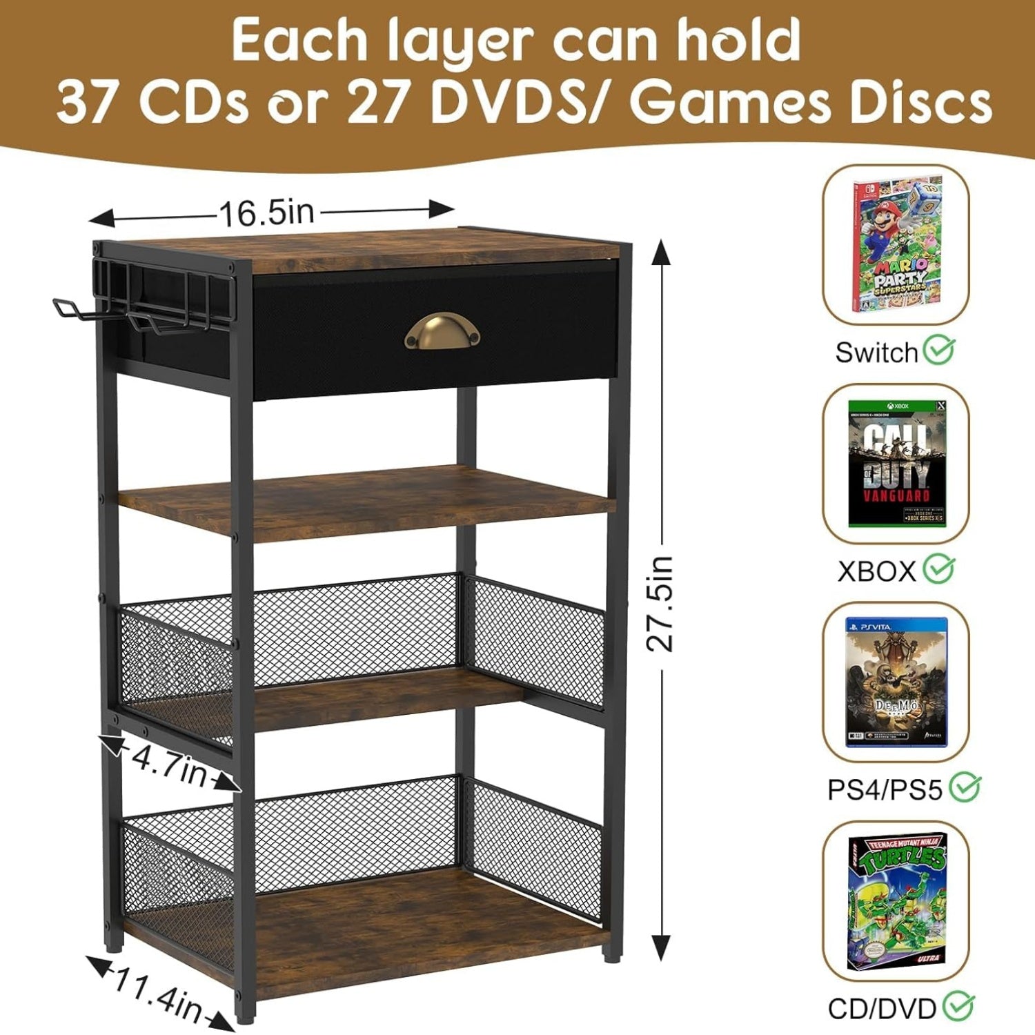 Media Storage Tower with Drawer & Side Hooks