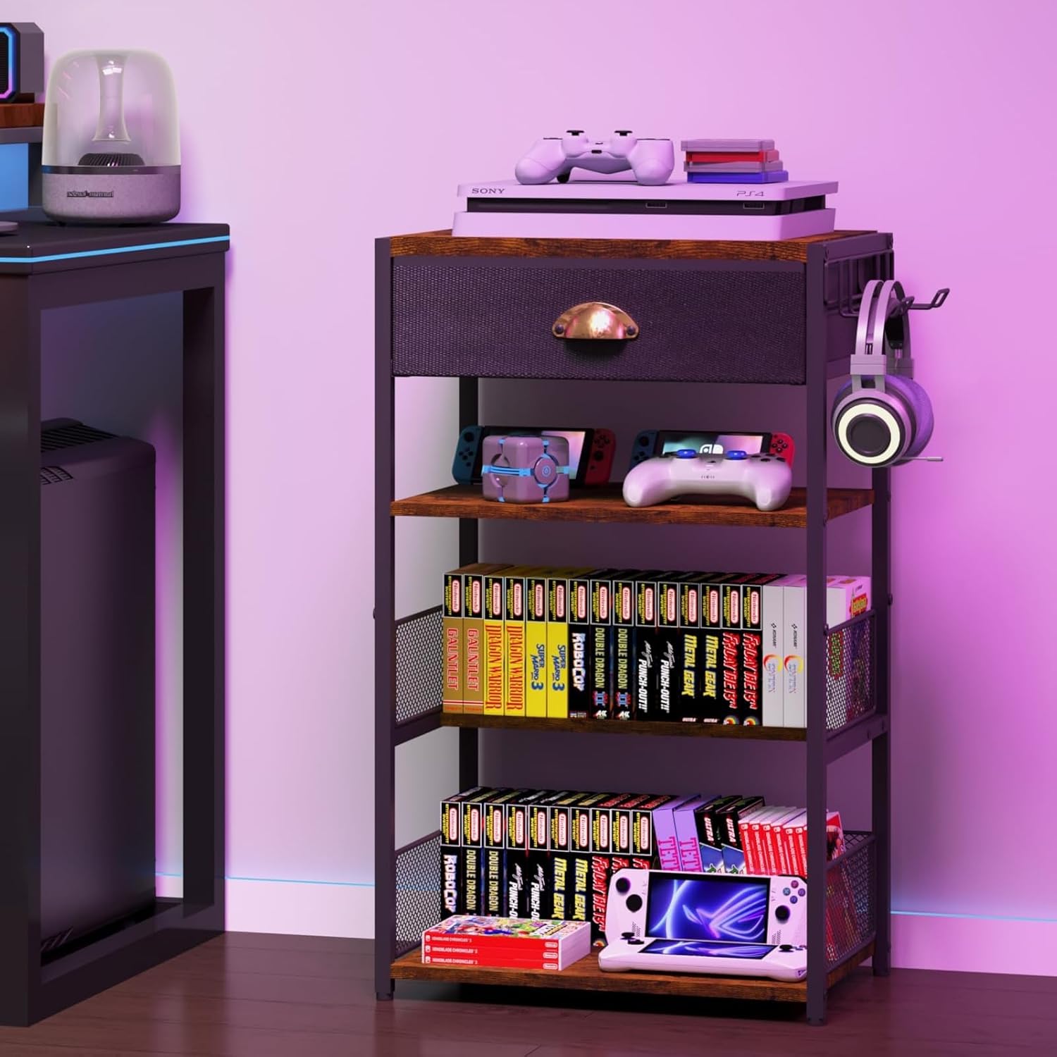 Media Storage Tower with Drawer & Side Hooks