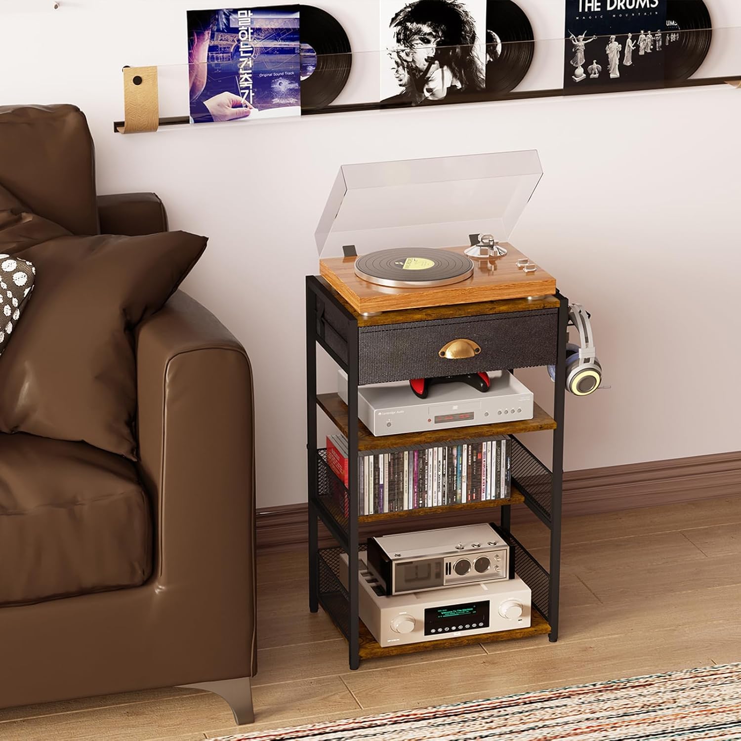 Media Storage Tower with Drawer & Side Hooks
