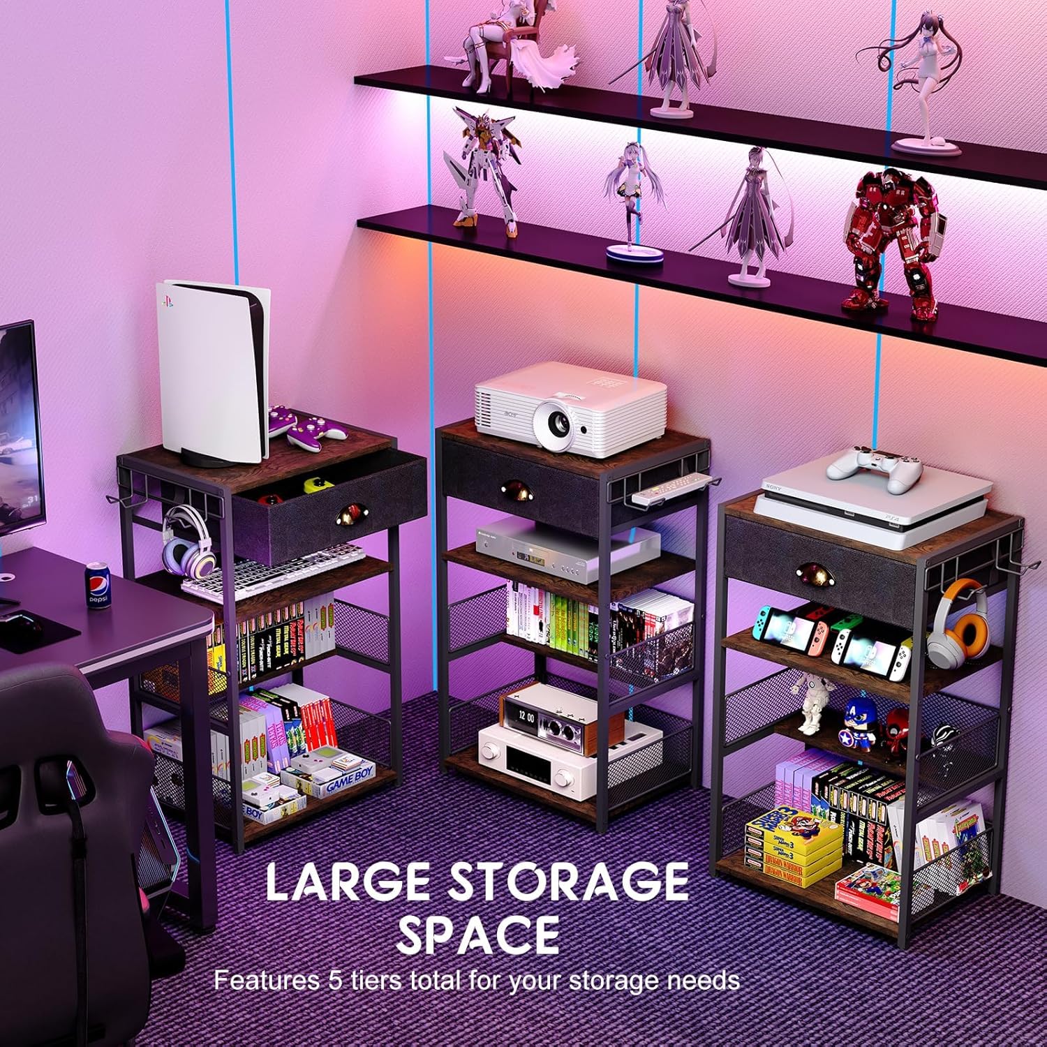 Media Storage Tower with Drawer & Side Hooks