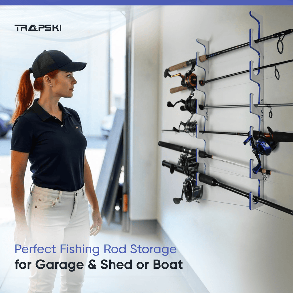 TRAPSKI Premium Fishing Rod Rack – Wall, Ceiling or Boat Mount