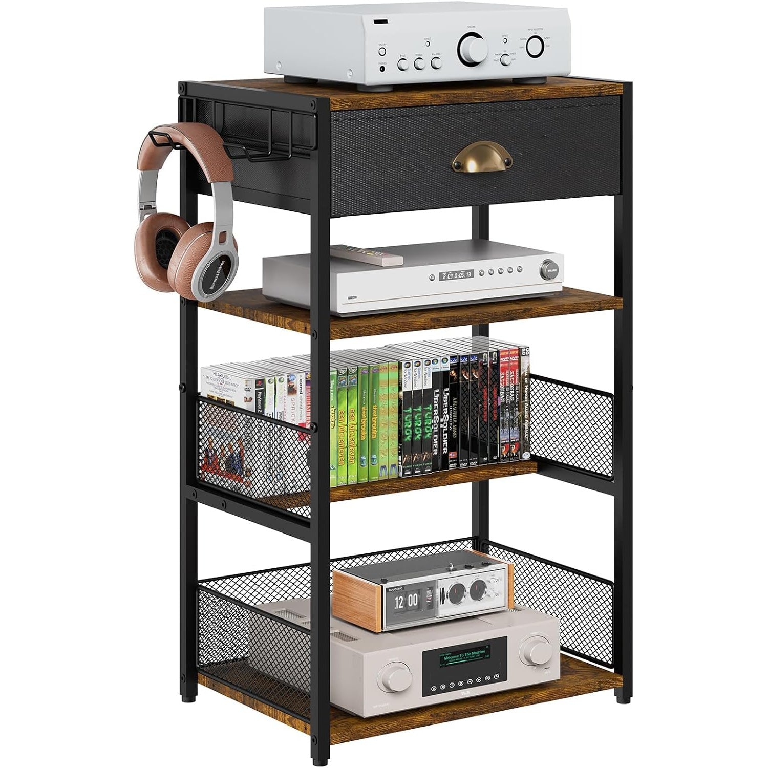 Media Storage Tower with Drawer & Side Hooks