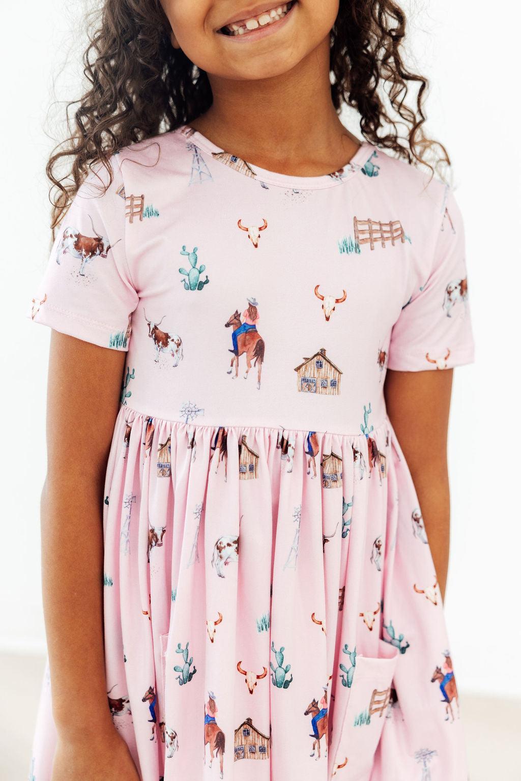 Pink Ranch Hand Short-Sleeve Pocket Twirl Dress
