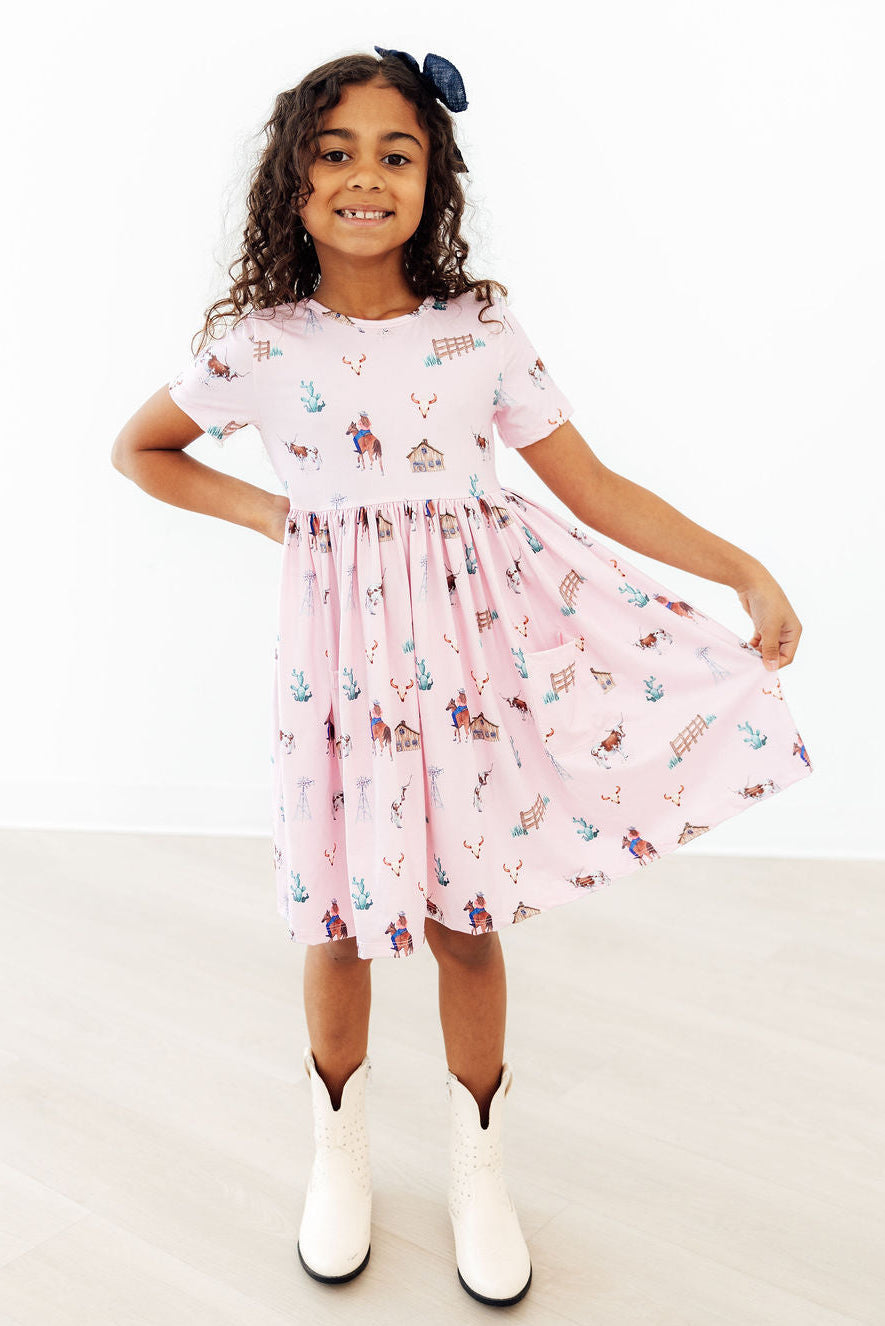 Pink Ranch Hand Short-Sleeve Pocket Twirl Dress