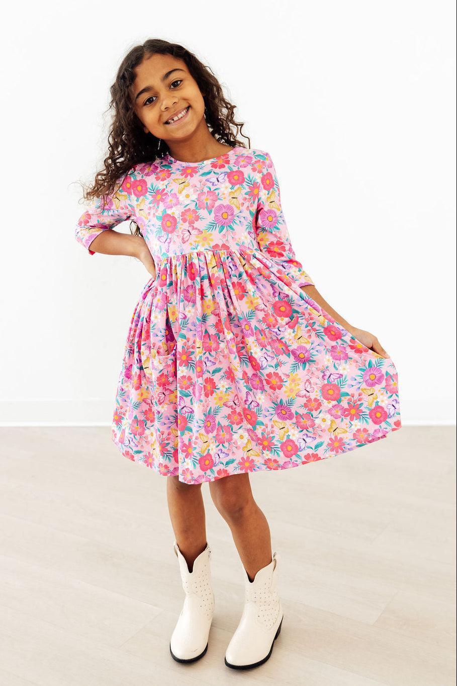 Fluttering Garden three-quarter-sleeve twirl dress