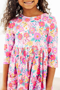 Fluttering Garden three-quarter-sleeve twirl dress