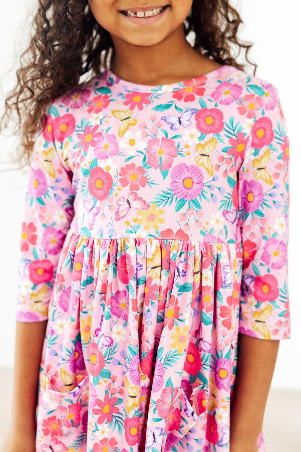 Fluttering Garden three-quarter-sleeve twirl dress