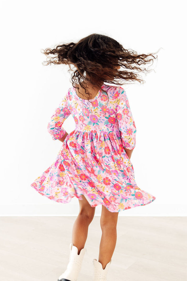 Fluttering Garden three-quarter-sleeve twirl dress