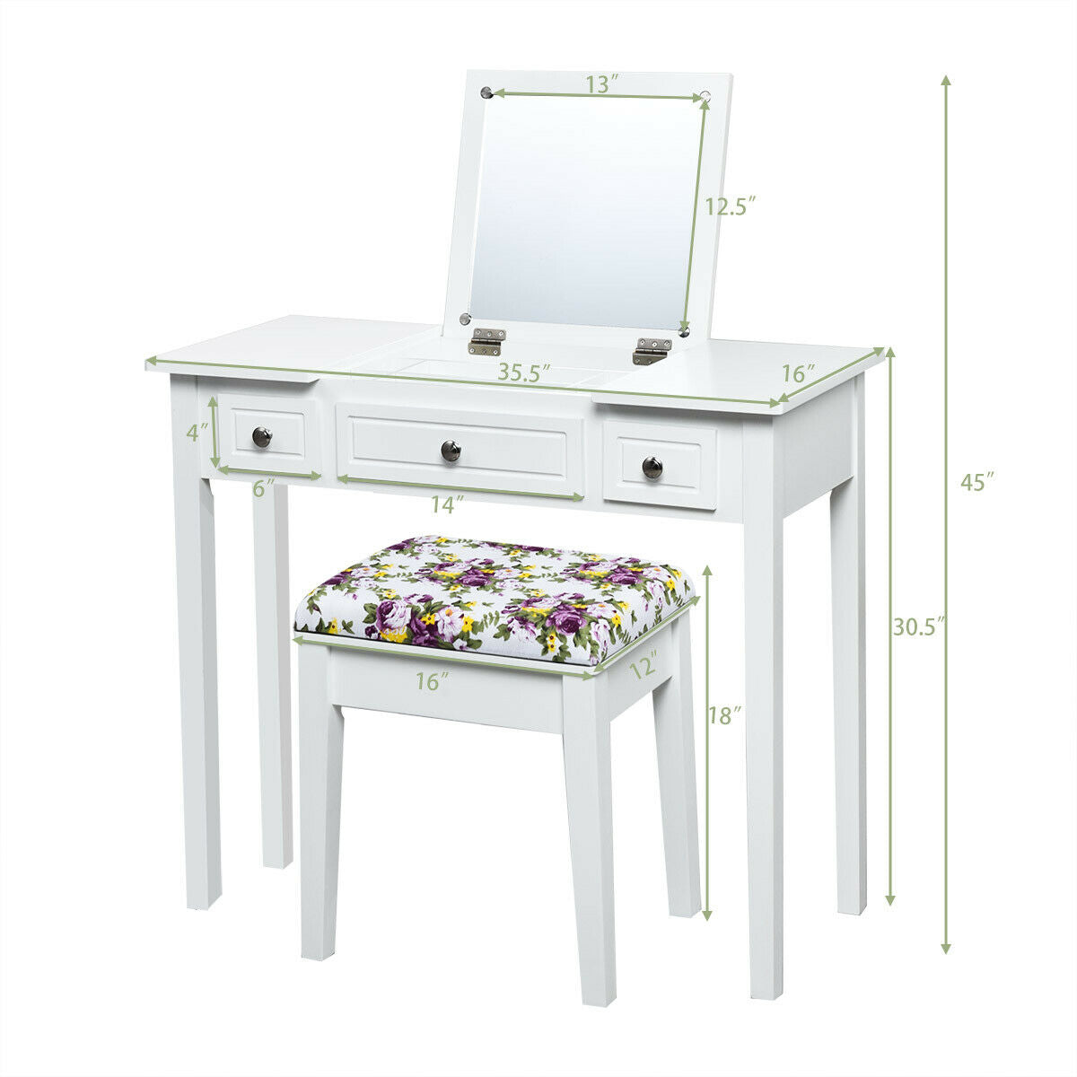 Vanity Table with Flip-Top Mirror & 3 Drawers