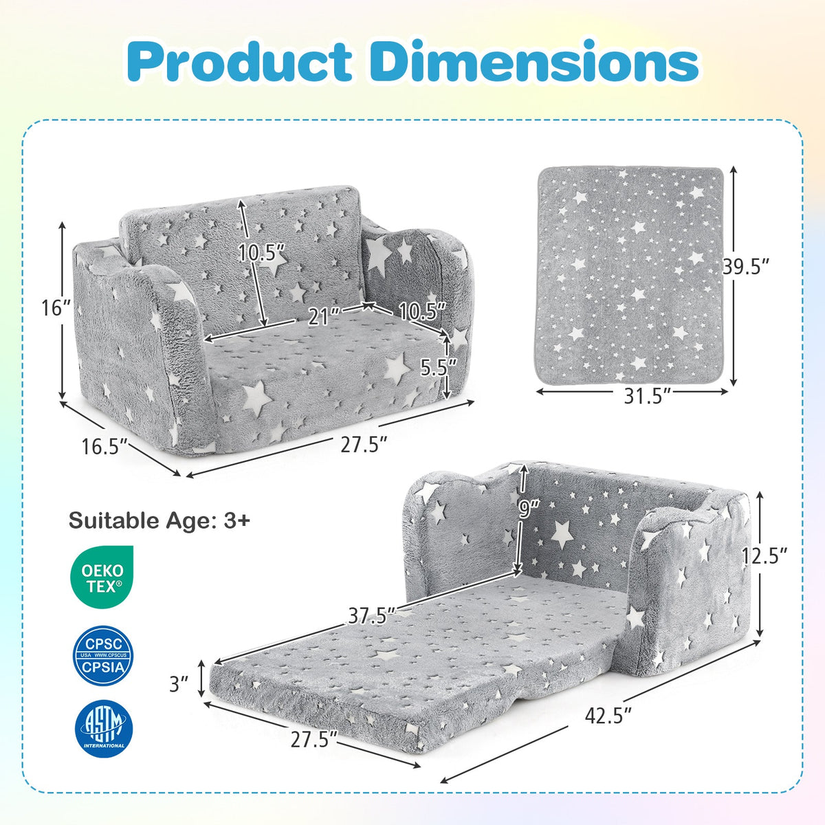 2-in-1 Glow-in-the-Dark Kids Couch with Blanket – Gray